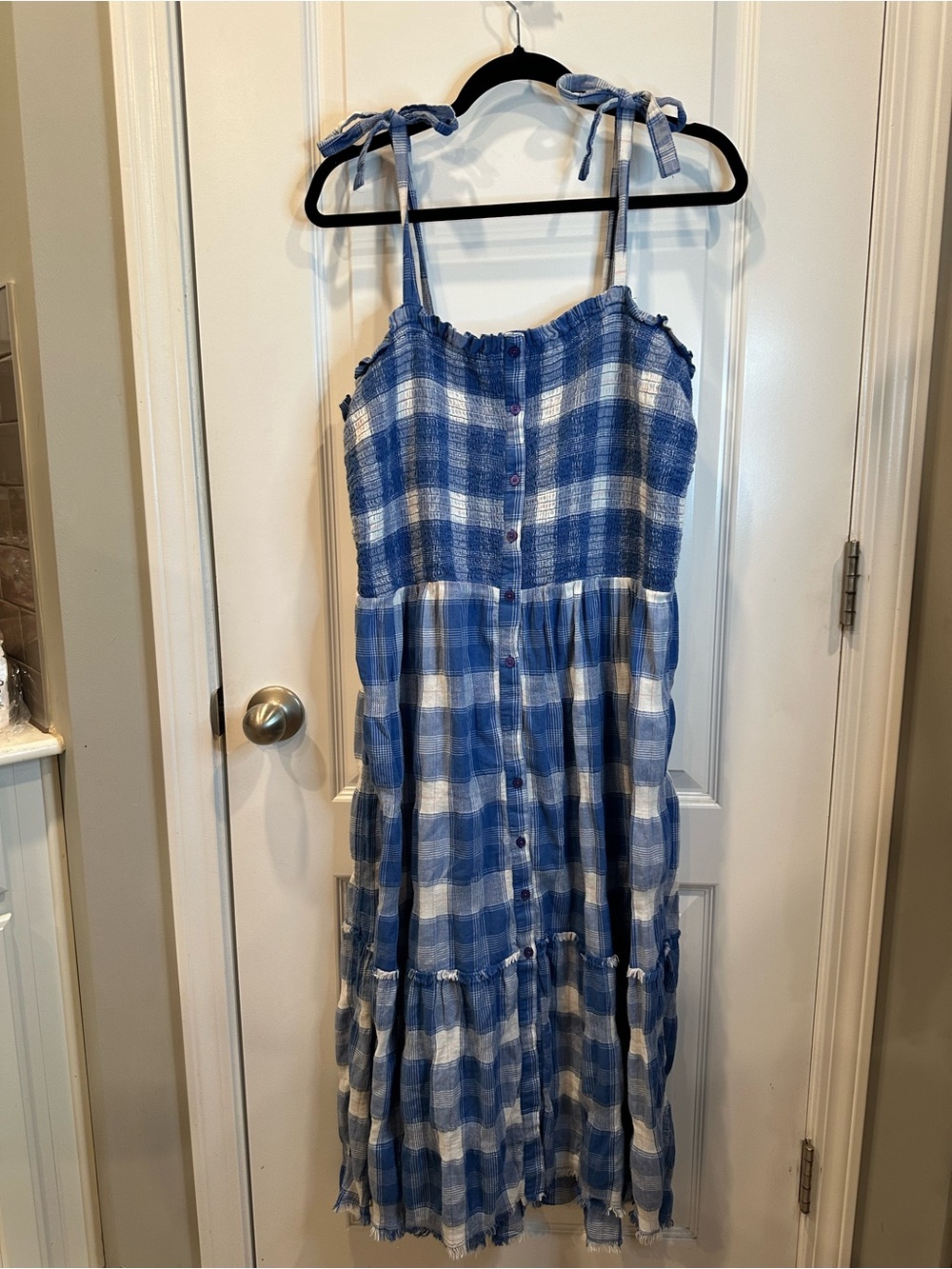 True Craft Blue and White Plaid Tie-Shoulder Midi Dress
